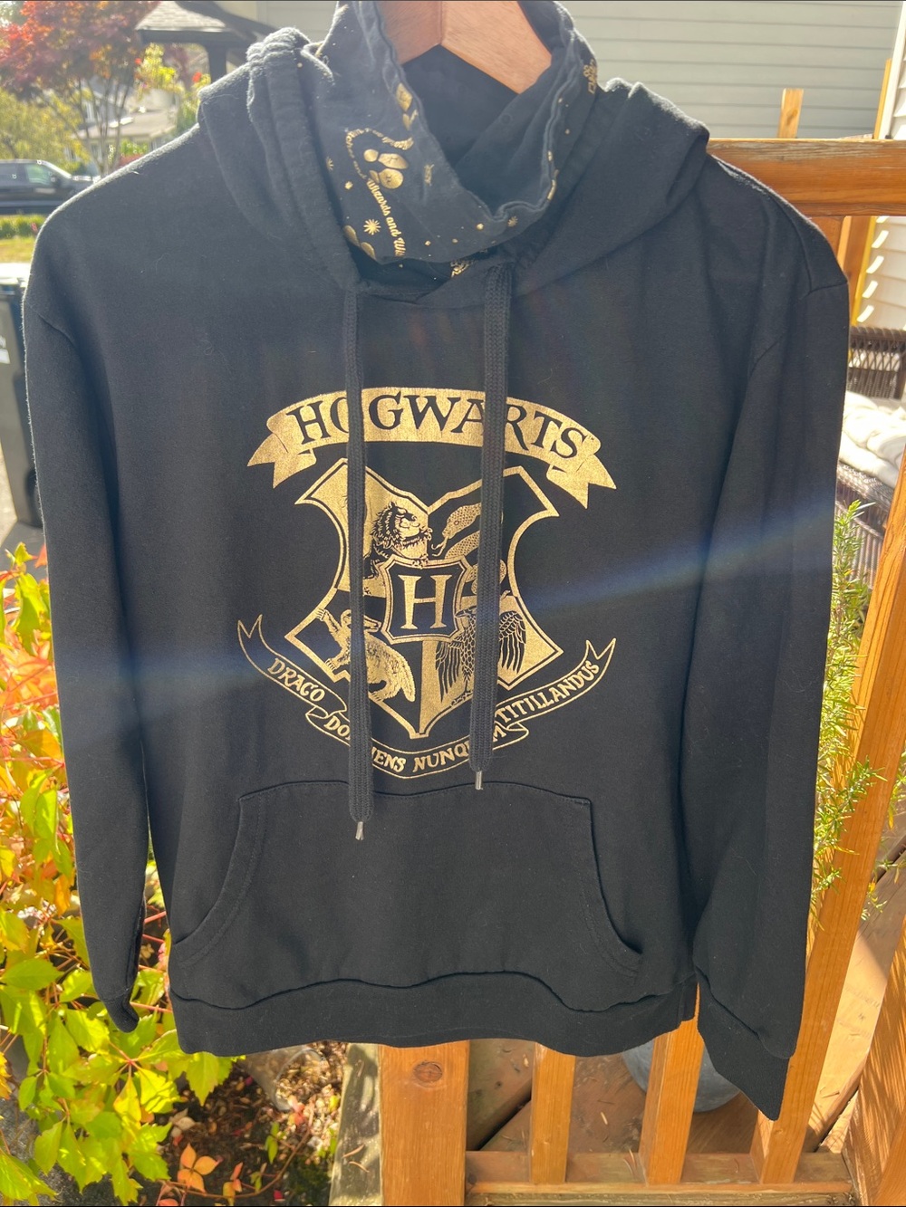 Official Harry Potter Black Gold Foil Hogwarts High Cowl Neck Masked Hoodie